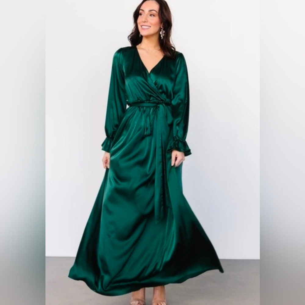 Baltic Born Elegant Green Satin Wrap Dress Size Large